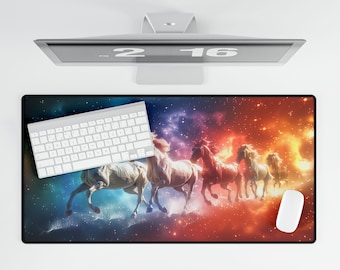 Tappetino da scrivania arcobaleno con unicorni mistici - design con cavalli mistici incantati che corrono - arredamento ideale per ufficio carino e tappetino per tastiera esteso