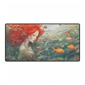 May include: A digital illustration of a woman with long red hair swimming underwater. She is surrounded by orange and silver fish. The background is a blue and green watercolour wash.