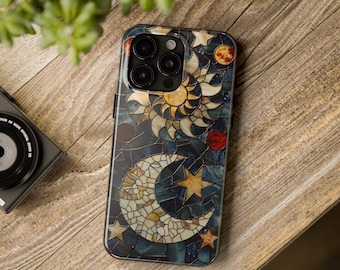 Sun Moon & Stars Phone Case Faux Stained Glass, Celestial Gift idea for her Birthday Christmas iphone case Samsung Tough Phone Case