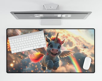 simpatico tappetino da scrivania con unicorno arcobaleno - arte del cavallo unicorno mistico incantato Design dettagliato - Decorazione ideale per ufficio carino e tappetino per tastiera esteso
