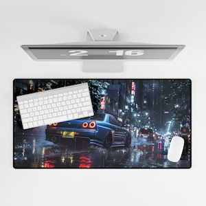 May include: A blue car with red taillights is driving through a rainy city street at night. The car is a Nissan Skyline GT-R R32. The street is lined with buildings and streetlights. The image is a digital illustration.