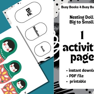 Toddler Busy Book, Nesting Doll Workbook Pages, Learning Binder, Activity Worksheets, Educational Game, Quiet Book, Preschool Curriculum