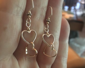 Mixed metal double heart earrings handmade, sterling silver, 14k. goldfilled, handmade earwires