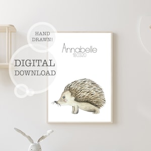 Igull the Hedgehog Nursery Name Print / Woodland's Forest Theme Neutral Decor / Custom Playroom Poster / Baby Shower Girl Boy Gift