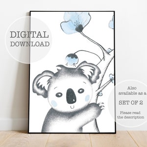 Koala Nursery Print en rosa o azul / Descarga digital Decoración de la habitación del bebé / Arte animal / Cartel de la pared de la sala de juegos / Imprimible / Regalo de la ducha del bebé