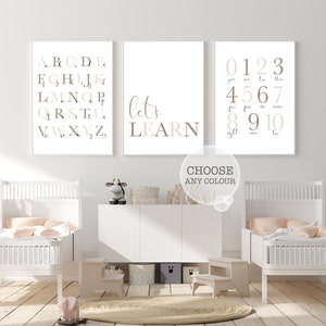 Conjunto de 3 impresiones de sala de juegos educativas neutrales / Alfabeto Aprendamos números Carteles de guardería / Decoración de habitación de juguetes preescolares para niños y niñas / Digital