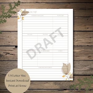 May include: A white paper planner page titled BRAIN DUMP with sections for Random Thoughts, To Do List, To Call, To Text, To Email, To Remember, To Buy, and Make Decision About. The page features brown and yellow line-art floral accents.