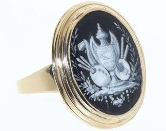 Anillo antiguo de oro amarillo de 18 quilates con esmalte pintado y estilo imperio francés (georgiano), c. 1800