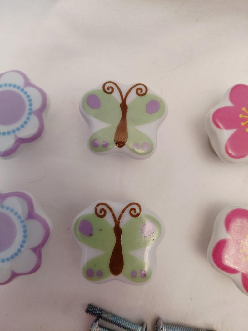 Ceramic Drawer Pulls Knobs Whimsical Flower Butterfly Project Home Improvement Pink Purple Green Yellow image 3