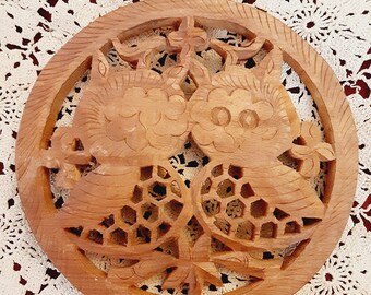 Vintage Owl Trivet Hot Plate Wood Hand Carved Kitchy Country Core Boho Home Decor