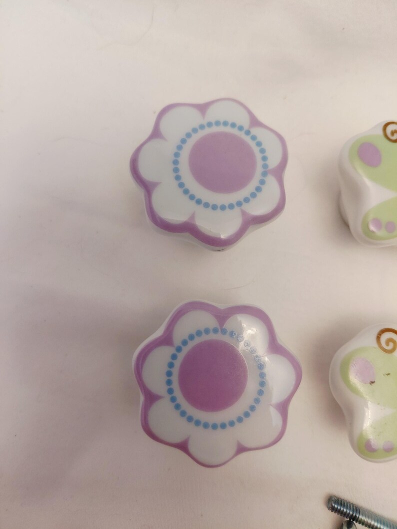 Ceramic Drawer Pulls Knobs Whimsical Flower Butterfly Project Home Improvement Pink Purple Green Yellow image 2