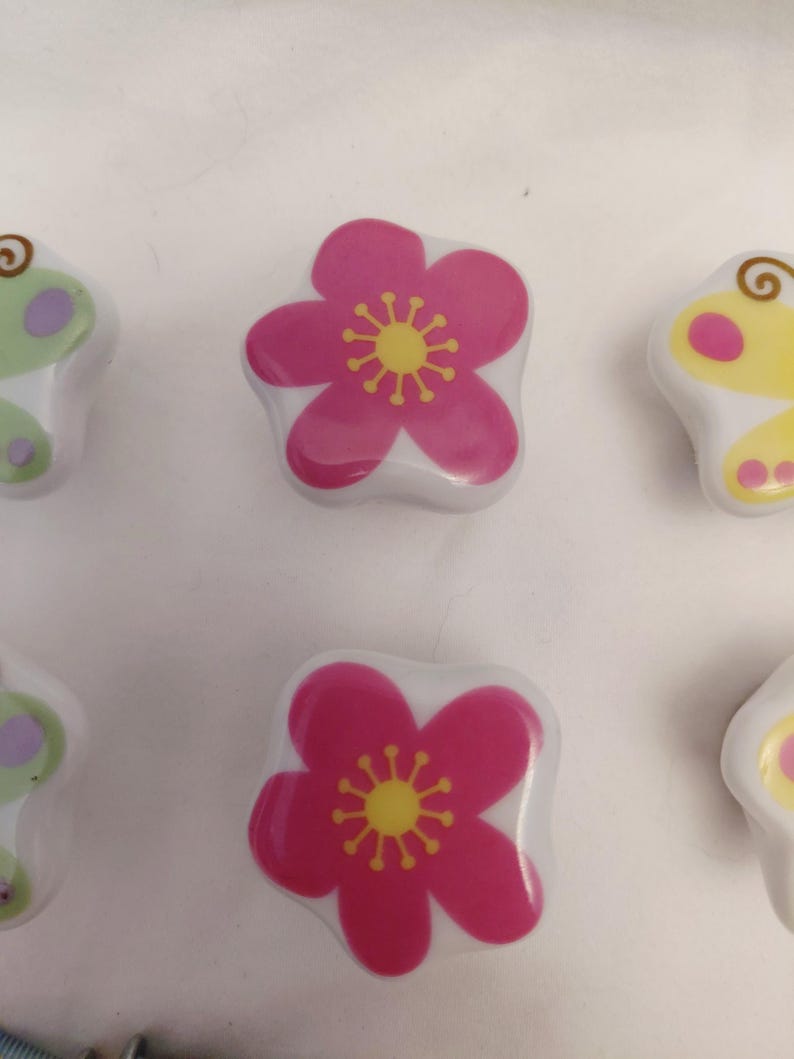 Ceramic Drawer Pulls Knobs Whimsical Flower Butterfly Project Home Improvement Pink Purple Green Yellow image 4