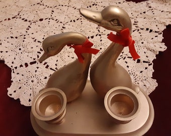 Vintage Christmas Brass Ducks Goose Geese Candle Holder Home Decor