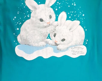 Vintage Endangered Younguns White Rabbit Baby Teal Turquoise Night Shirt Nightgown One Size Fits Most Cotton