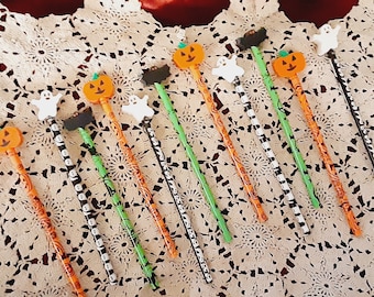 Vintage Halloween Pencils Easer Tops Berol Corp Made the USA new old stock Pumpkin Bat Ghost Lot Bundle