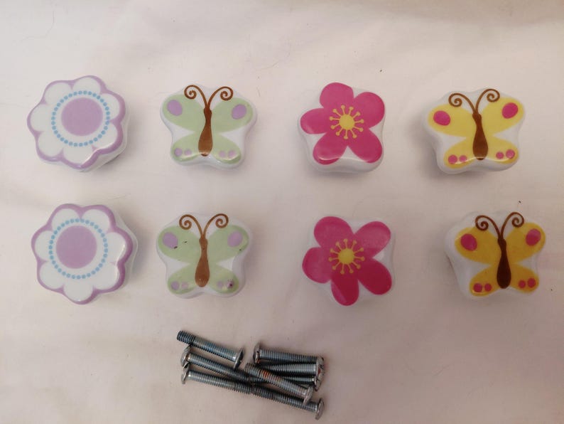 Ceramic Drawer Pulls Knobs Whimsical Flower Butterfly Project Home Improvement Pink Purple Green Yellow image 1