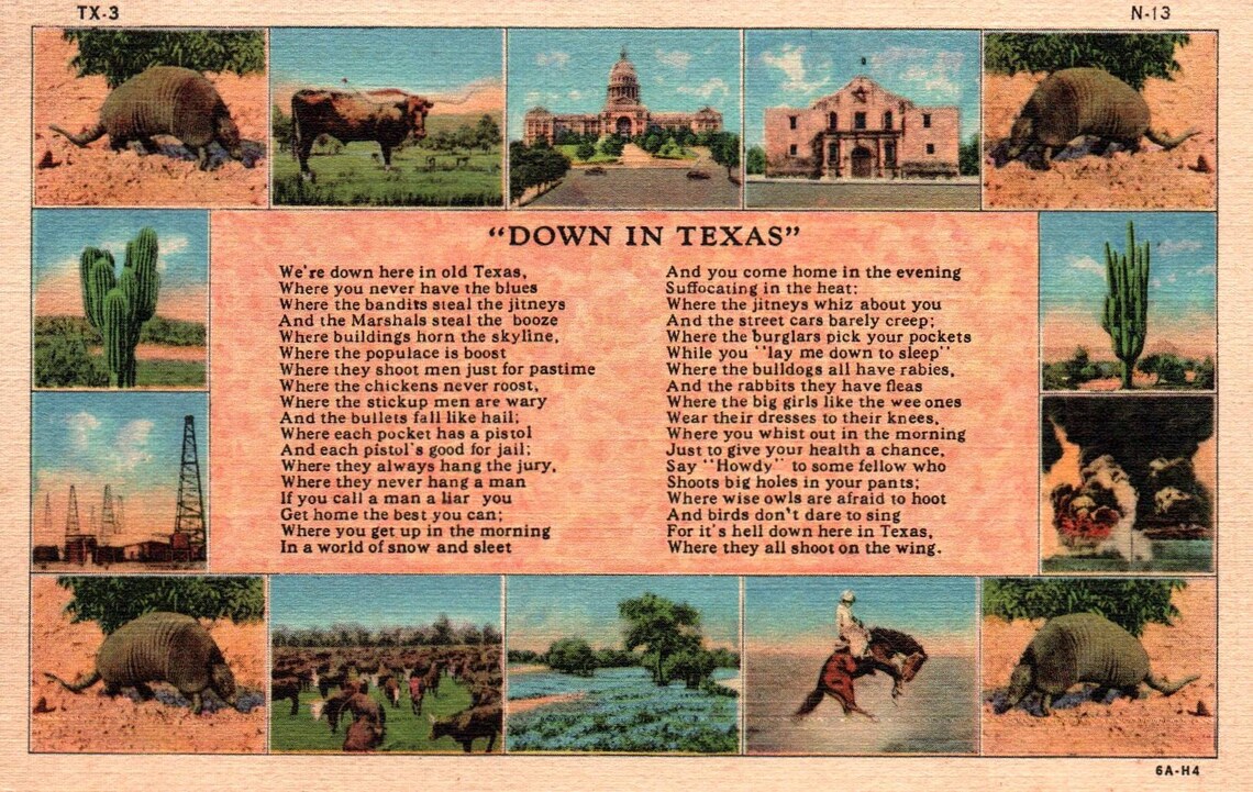 Down in Texas Poem Linen Vintage Postcard Etsy