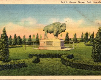 Lincoln Nebraska NE Pioneer Park Buffalo Statue Linen Vintage Postcard