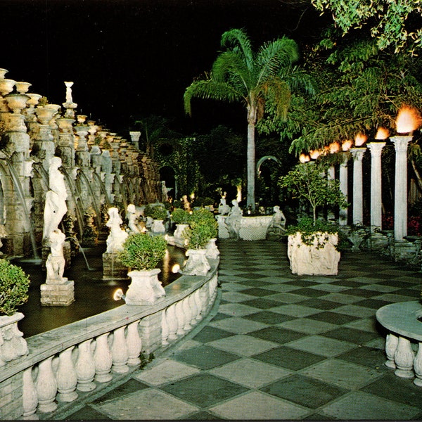 Clearwater Florida FL Kapok Tree Inn North Garden Night Scene Flamed Columns & Fountains Postcard