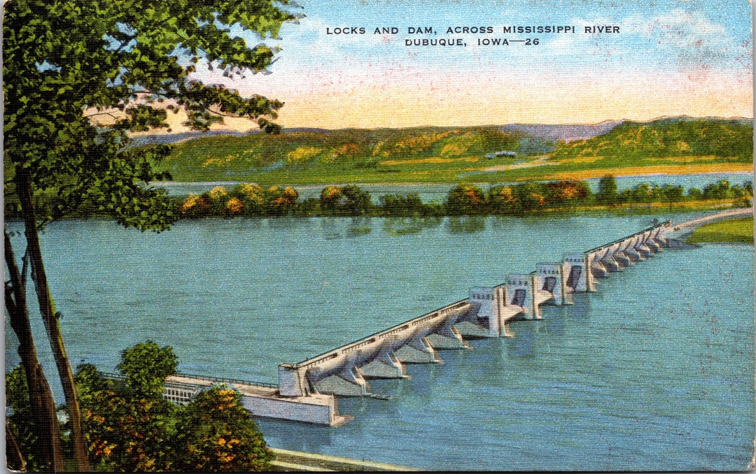 Dubuque Iowa IA Locks & Dam Across Mississippi River Vintage Postcard
