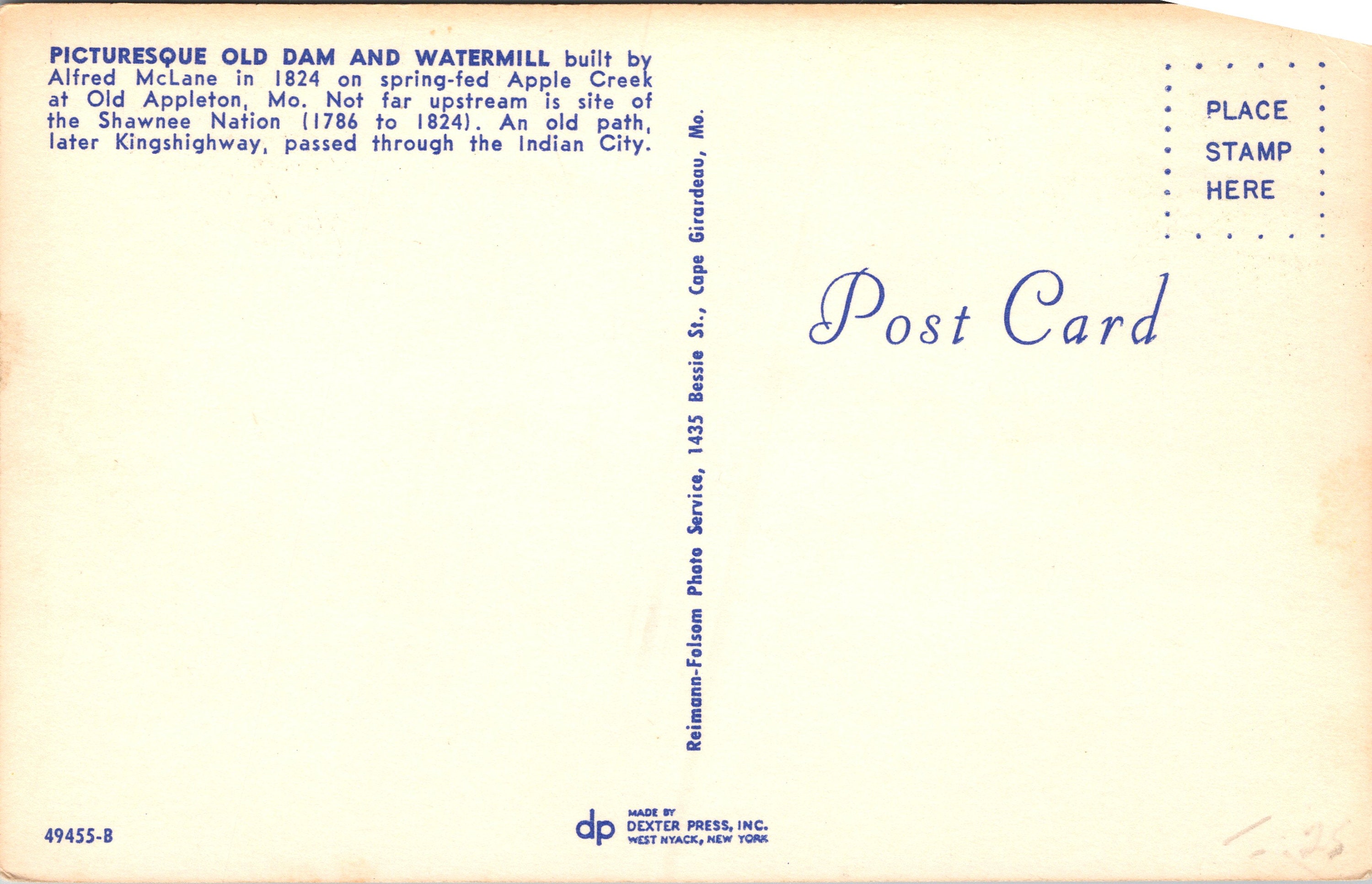 Old Appleton Missouri MO Old Dam & Watermill Postcard Etsy