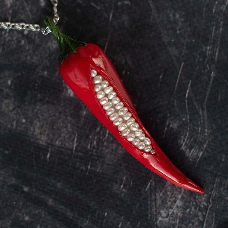 Chili pepper necklace Long pepper pendant with genuine pearl Etsy