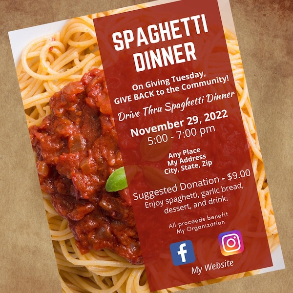 EDITABLE Spaghetti Dinner Fundraiser Flyer (Can be used for Church, Community, School, Benefits, and MORE)