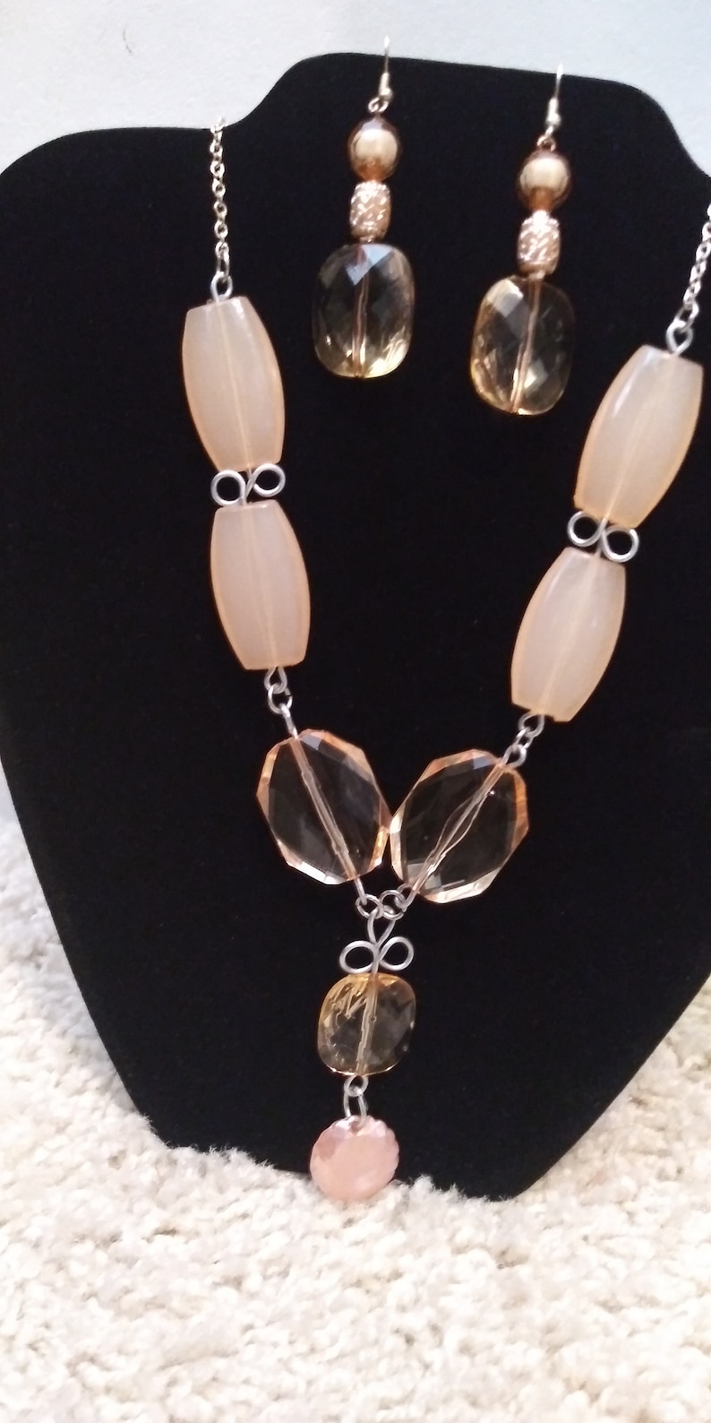 Necklace set Large Peach Beaded Cascading Necklace and Earring Set Clear Peach Beads