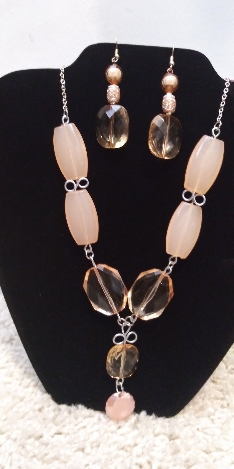 Necklace set Large Peach Beaded Cascading Necklace and Earring Set Clear Peach Beads