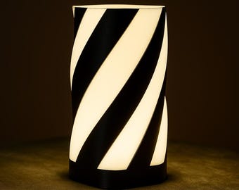 Lámpara de mesa en espiral en blanco y negro con luz LED USB, diseño escultural e hipnótico para escritorios elegantes, iluminación ambiental y decoración del hogar.