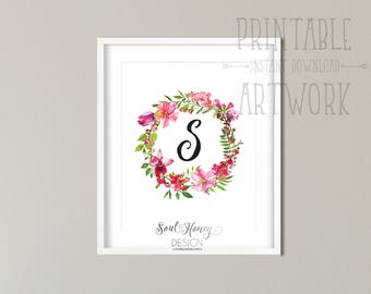 Downloadable Prints | Floral Wreath with Letter S | Nursery Art Printable | Floral Monogram | Watercolor | Instant Art