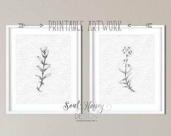 Downloadable Prints | Hand Sketched Botanical Flowers | Set of 2 Prints | Printable Wall Art | Instant Artwork