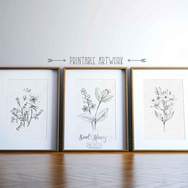 Downloadable Prints | Set of 3 Hand Sketched Botanical Prints | Leaves Wall Art Decor | Printable Quotes | Instant Artwork