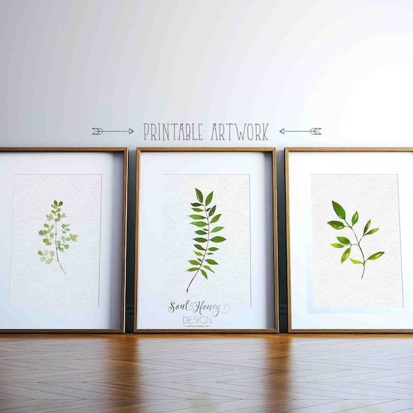 Set of 3 Botanical Prints | Leaves Wall Art Decor | Printable Quotes | Downloadable Prints