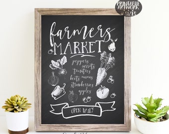 Farmhouse Printable | Farmers Market | Rustic Kitchen Wall Art | Chalkboard | Farm Decor | Farm Fresh Vegetables Fruit | Downloadable Prints