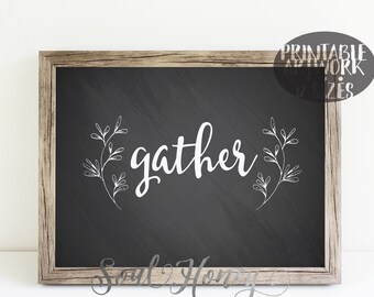 Thanksgiving Printable | Gather Botanical Chalkboard Print | Fall Wall Art | Hostess Gift | Dining Room Printable | Downloadable Prints