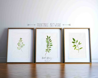 Set of 3 Botanical Prints | Leaves Wall Art Decor | Printable Quotes | Downloadable Prints