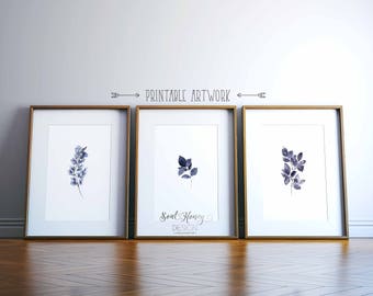 Set of 3 Watercolor Gray Botanical Prints | Leaves Wall Art Decor | Printable Wall Art | Downloadable Prints