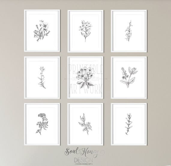 Set of 9 Botanical Hand Sketched Prints Printable Wall Art Etsy