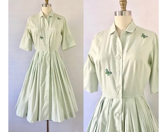 Jaren 1950 Vintage Fit-and-Flare Shirt-Jurk met Vlinder Borduursel