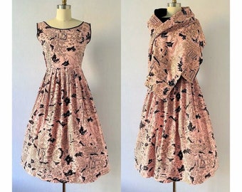 Abito con stampa originale anni '50, vestibilità svasata, con fascia abbinata