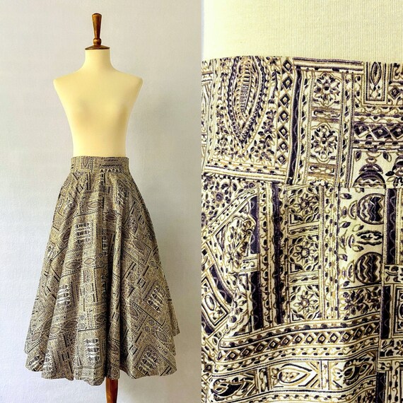 1950s Vintage Flared Boho Print Skirt / 1950s Flar