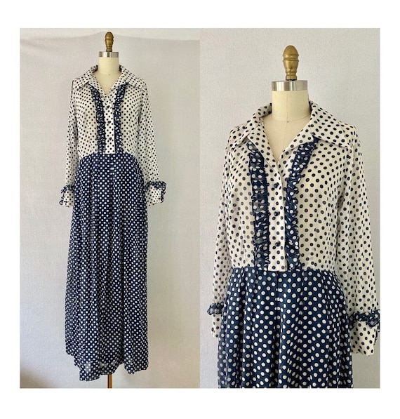 Robe Longue Vintage à Pois Années 70 - Taille 36, Noir/rouge/blanc, Marque C.C. Creations, Occasion