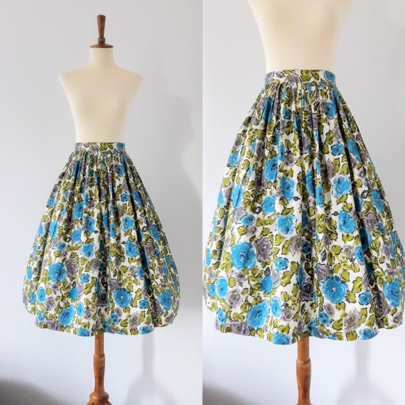 1950s Vintage Blue Rose Print Skirt