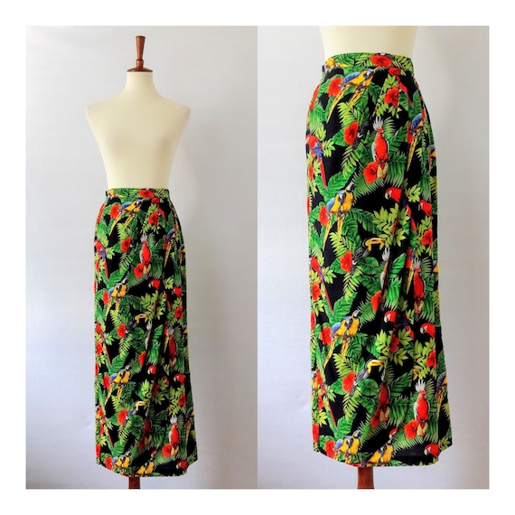 Vintage Tropical Bird Print Pencil Skirt