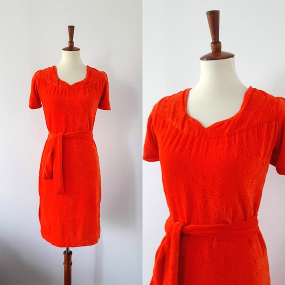 1970s Burnt-Orange Vintage Velour Dress - image 1