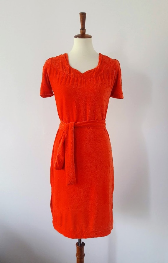 1970s Burnt-Orange Vintage Velour Dress - image 2