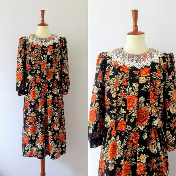 1980s Vintage Floral Day Dress