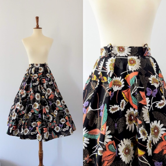 1950s Vintage Circle Skirt / Floral and Butterfly
