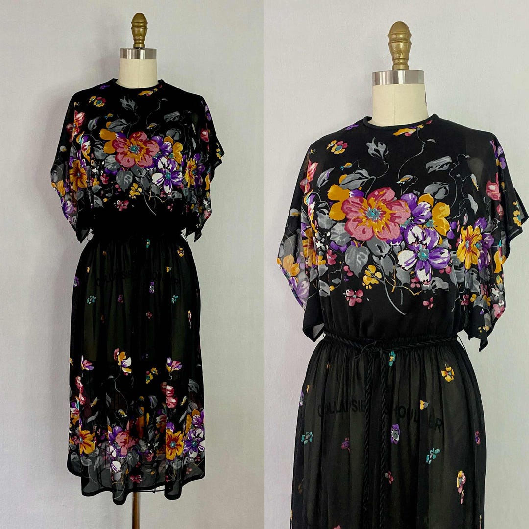 1970s Sheer Black and Floral Dress With Kimono Sleeves Etsy — free download